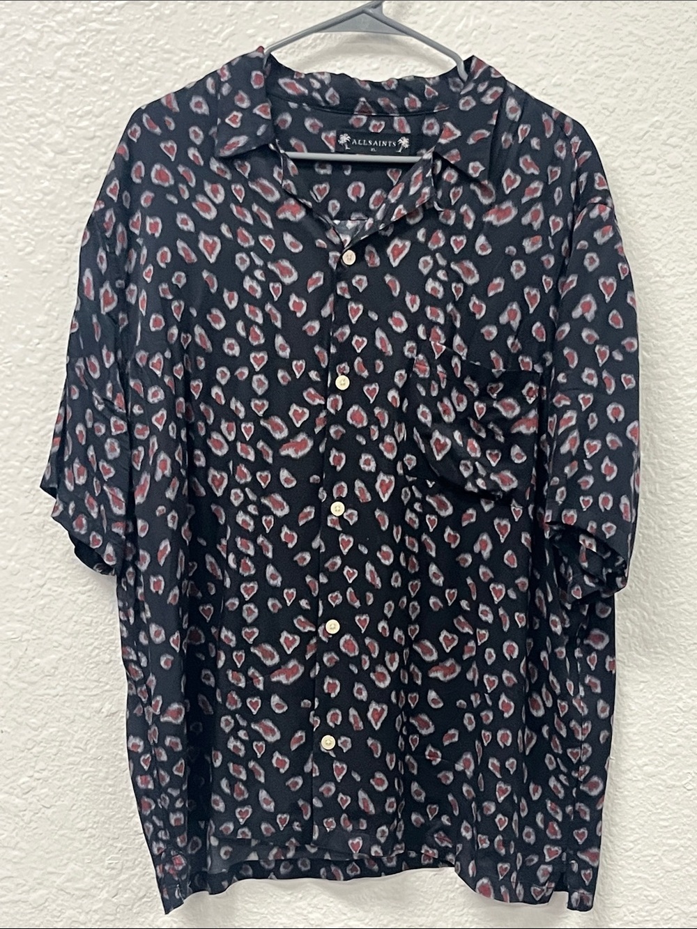 All Saints Black and Red Heart Print Short Sleeve Button Down Shirt
#1120